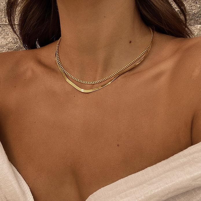 Herringbone Necklace for Women,Dainty Gold Necklace,14k Gold Plated Snake,Gold Chain Choker Necklaces,Simple Gold Layered Necklaces,Gold Jewelry Gift for Women