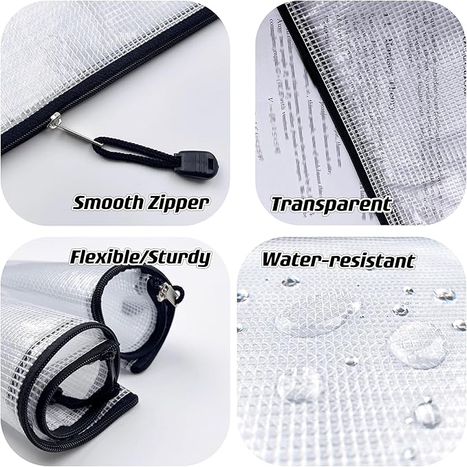 Oaimyy-A4(9"x 13"), Mesh Zipper Pouch Document Folders Bag Plastic Zip File Folders for School Office Supplies, Travel, Organizing Storage-Black,6 Pcs