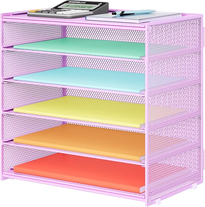6 Tier Paper Organizer, Metal Mesh Desk File Organizer, Letter Tray Organizer, Paper Sorter Desk Organizer for Office, Home or School File Folder Holder - Purple