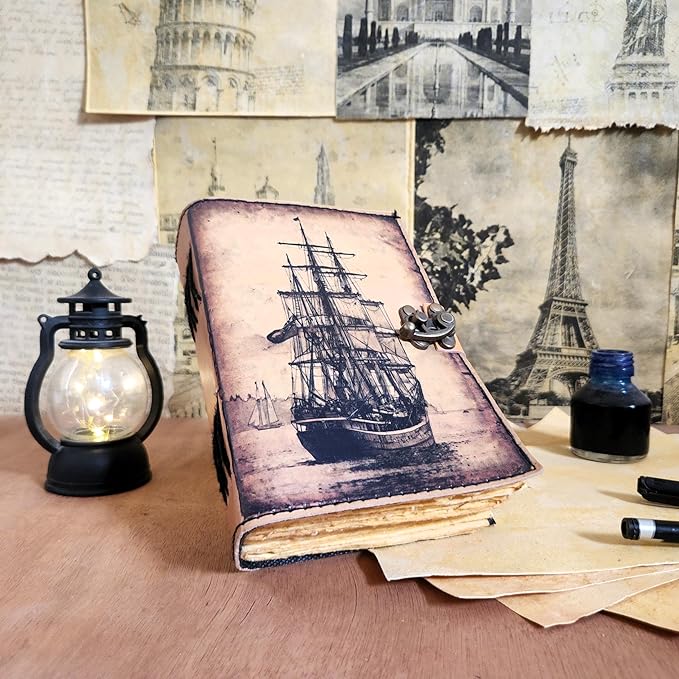 Big Medium Sailing Ship Leather Journal Dairy Notebook Sketchbook | 200 Deckle Papers | C-Shape Lock for Closure (8*6 inch)
