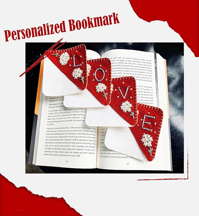 Personalized Hand Embroidered Corner Bookmark, Bookmarks for Women, Personalized Bookmark for Books, Cute Flower Book Mark, Hand Stitch Gift for Women for Book Lovers by HNQCPCVU (G, RED)