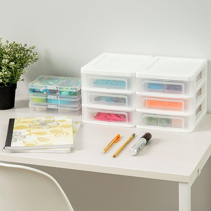 IRIS USA Plastic Stacking Desk Top 3-Drawer Storage Organizer, 4-Pack, for Makep Vanity Nail Polish Bathroom Stationery Art Craft Supplies Kitchen Office Garage and Small Organization, Small, White