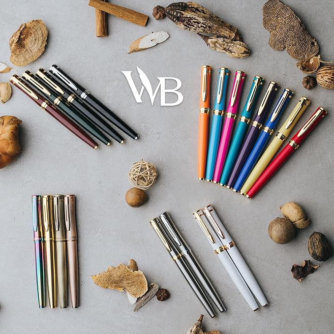 Wordsworth & Black Chrome Plated Chrome Black Calligraphy Fountain Pen Set with 24 Ink Cartridges, Piston Converter and Gift Box