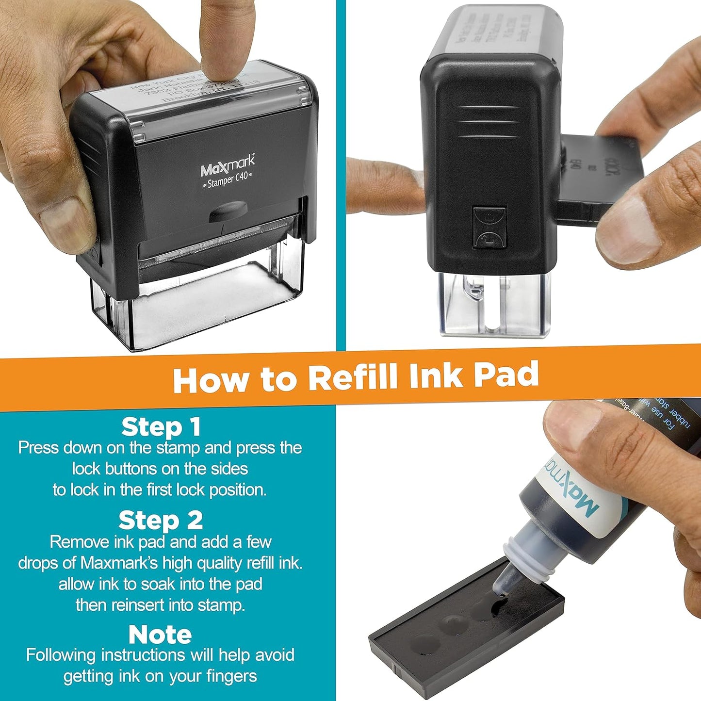 MaxMark Customized Self Inking Stamp - Up to 4 Lines of Text - Medium Size - Choose from 15 Ink Colors