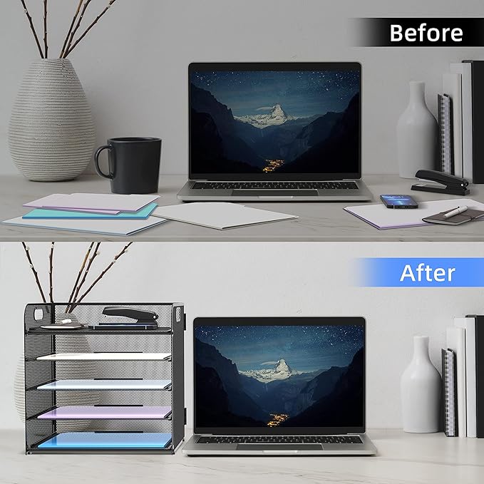 2 Pack 5-Tier Desk Organizer with Handle Mesh Desk File/Paper Organizer Letter Tray for Office, School and Home Easy Installation,Black