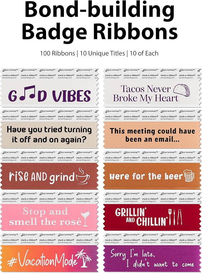 Icebreaker Corporate Badge Ribbons with Adhesive, 4" x 1-5/8" 100pk (10 Titles, 10 per Title), Satin Ribbon