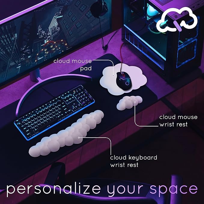 Qloud Cloud Wrist Rest Keyboard Wrist Rest for Computer Keyboard Pad, Cloud Keyboard Wrist Rest, Wrist Pad for Keyboard, Memory Foam, Non Slip Base, Comes with Mouse Pad - Lilac Purple