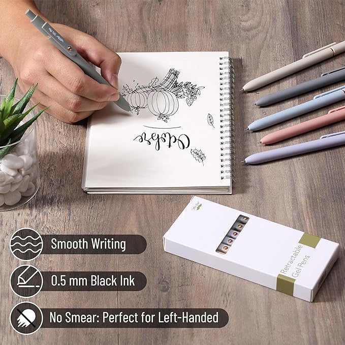 Mr. Pen- Retractable Gel Pens with Rose Gold Ring and Ball, 6 Pack, Morandi Barrels, Japanese Black Gel Pens, Fast Dry, Gel Pens Fine Point 0.5mm, Smooth Writing Aesthetic Pens for Journaling