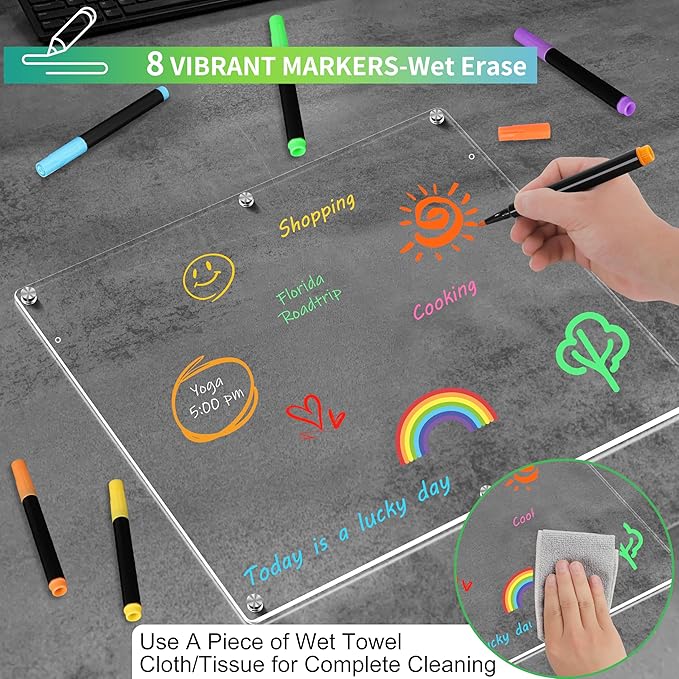 Acrylic Magnetic Dry Erase Board for Fridge 16"x12" Magnetic Whiteboard for Fridge Acrylic Dry Erase Board for Refrigerator Clear Acrylic Board Magnet White Board for Fridge Wall 8 Markers
