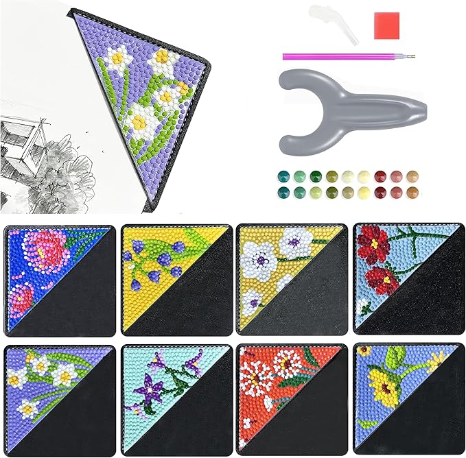 Ergonomic Diamond Art Pen with 8 Pcs Diamond Art Bookmarks Kit for Adult, DIY Diamond Paint Corner Book Makers Set, Small Diamond Art Kits, Paint by Art Crafts Kit Gifts(Floral 8)