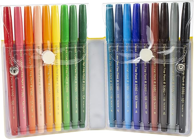 Pentel Color Pen, Fine Point Color Markers, Fiber Tip, Assorted Colors, Set of 18 (S360-18) (Pack of 1, 18 Count Total)