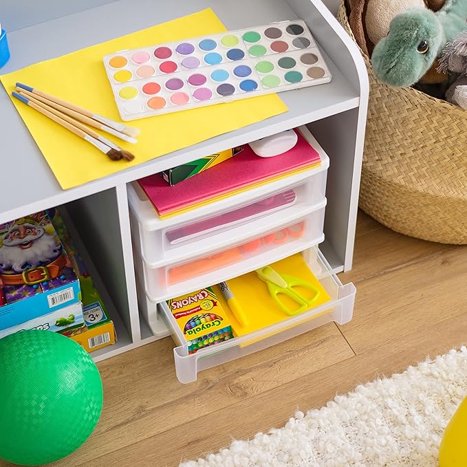 IRIS USA Plastic Stacking Desk Top 3-Drawer Storage Organizer, 2-Pack, for Makep Vanity Nail Polish Bathroom Stationery Art Craft Supplies Kitchen Office Garage and Small Organization, Medium, White