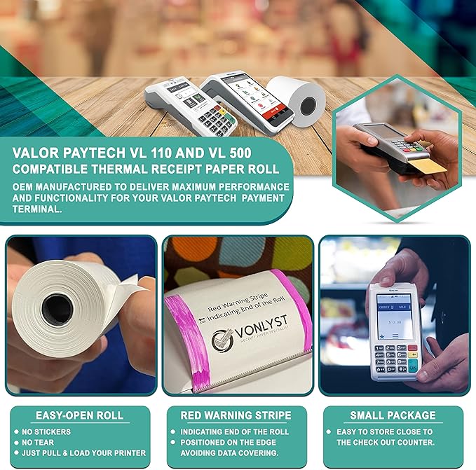Receipt Paper Roll for Valor Paytech VL 110 and VL 500 Credit Card Machine (20 Rolls)