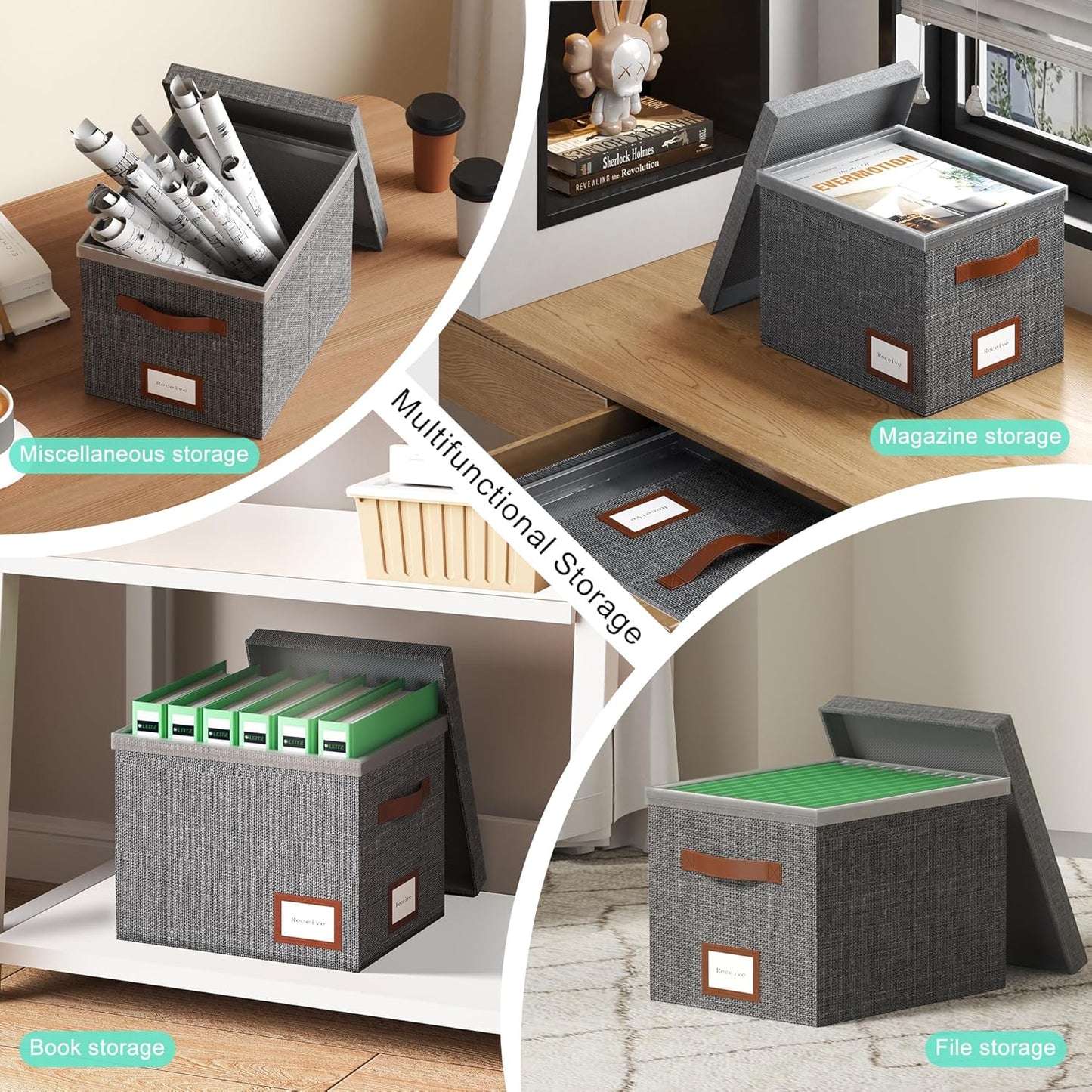 File Box for Hanging, File Organizer Box with Lid Decorative File Folders Letter Size Organizer with One-Piece Integrated Plastic Slide Rail (Grey, 13.2x10.1x10.1inch(2pack))