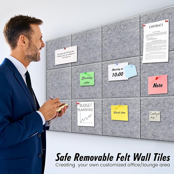 Felt Bulletin Board Felt Wall Tiles 12 Pack- 47"x35" Large Cork Board/Cork Tiles Alternative Safe Removable Felt Boards for Walls Felt Board for Office Felt Pin Board Light Gray