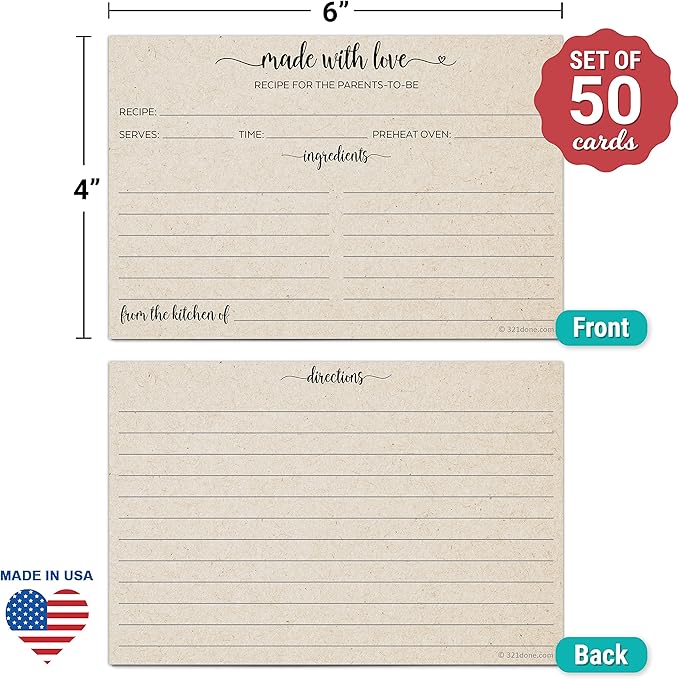 321Done Recipe Cards for the Parents-To-Be (Set of 50) 4x6 Rustic Kraft - Simple, Cute Made with Love Heart Design - Double-Sided - For Bridal Shower, Wedding, Recipe Box Gift - Made in the USA