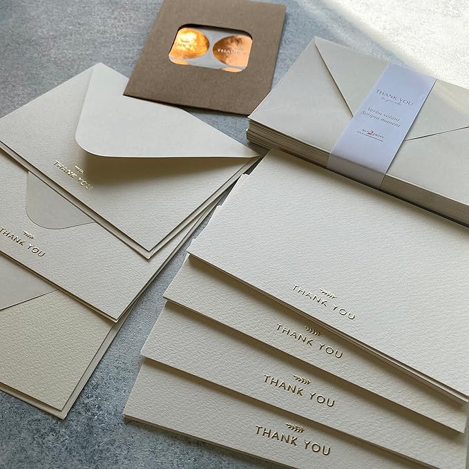 (36 Pack) RUN2PRINT Thank You Cards With Envelopes & Gift of 36 Foiled Stickers - Elegant Emboss Rose Gold Foil Pressed Blank Notes Wedding All Occasion Cards (Ivory)