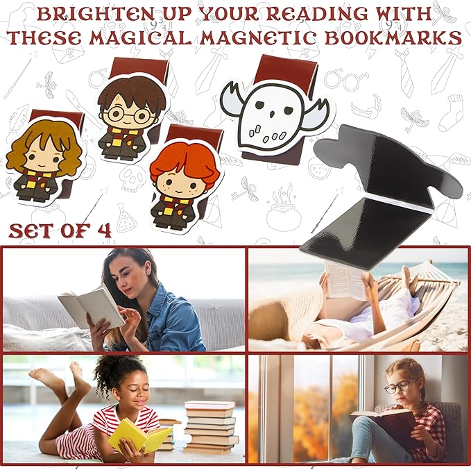 Harry Potter Magnetic Bookmarks Page Clip School University for Kids Teens Women Stocking Stuffers Gifts for Readers Xmas Gifts (Multi 4 Pack)