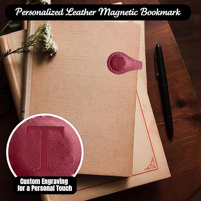 Personalized Leather Magnetic Bookmarks (1 Pack) Vintage Custom Engraved Initial ID Identification Book Marker Clip Gift for Book Lover Avid Readers (Letter T, Red)