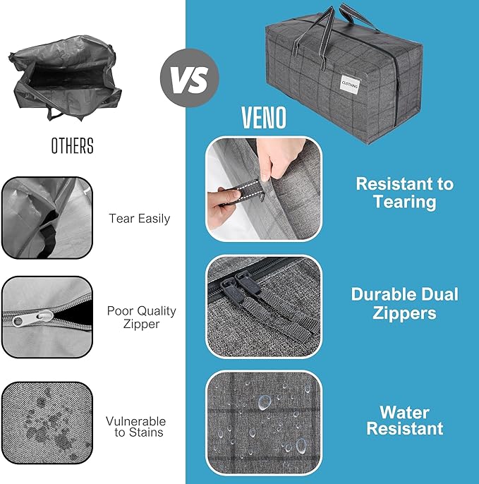 VENO 2 Pack Moving Bags w/Backpack Straps, Moving Boxes & Storage Bins Alternative, Packing Supplies, Camping Accessories Totes for Storage, Dorm Room Essentials Storage Bags (Windowpane, 2 Pack)