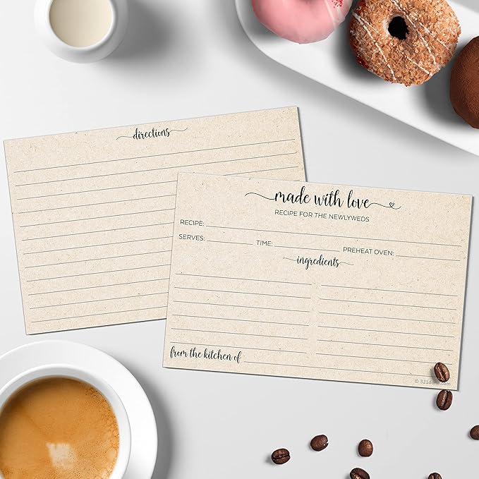 321Done Recipe Cards for the Newlyweds (Set of 50) 4x6 Rustic Kraft - Simple, Cute Made with Love Heart Design - Double-Sided - For Bridal Shower, Wedding, Recipe Box Gift - Made in the USA