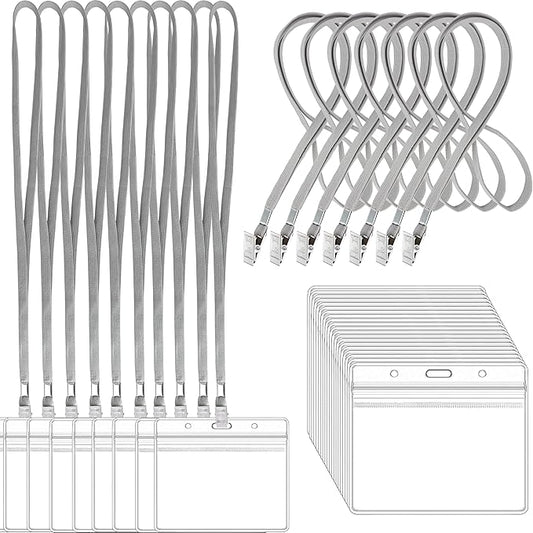 100Pcs Clear Plastic Horizontal Name Tags Badge ID Card Holders and 100Pcs Lanyards with Clip (Grey)