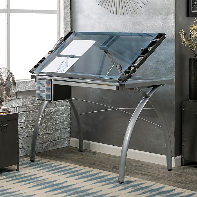 SD STUDIO DESIGNS Futura Crafting, Drafting, Drawing Adjustable Top Hobby Table Writing Studio Art Desk with Drawers, 38''W x 24''D, Tempered, Silver/Blue Glass