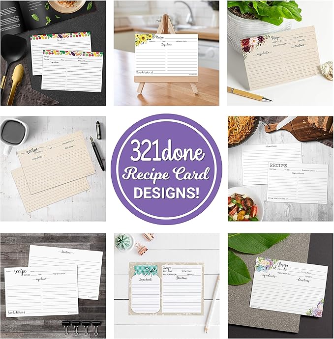 321Done Folding Recipe Cards (Set of 50) Folds to 3x5 from 6x5 - Rustic Kraft Tan Minimalist - Retro Vintage Luxury Double-Sided - Made in USA