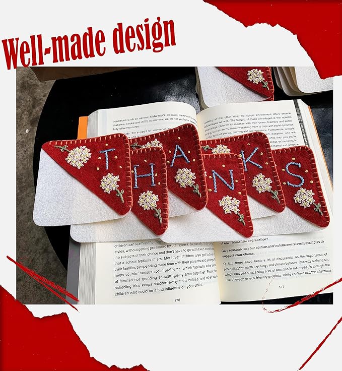 Personalized Hand Embroidered Corner Bookmark, Bookmarks for Women, Personalized Bookmark for Books, Cute Flower Book Mark, Hand Stitch Gift for Women for Book Lovers by HNQCPCVU (T, RED)