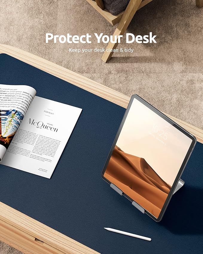 YSAGi Leather Desk Protector, Office Mat, Large Mouse Mat, Non-Slip PU Leather Blotter, Laptop Pad, Waterproof Writing Pad for Office and Home (Dark Blue, 35.4" x 17")
