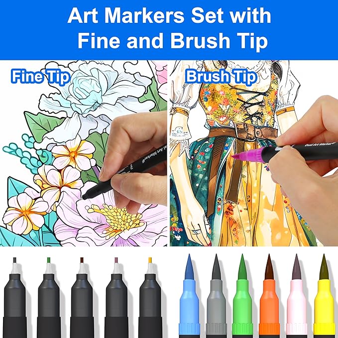 Dual Brush Marker Pens, 36 Colors Art Markers with Fine and Brush Tip Coloring Markers for Adults, Marker for Journaling Calligraphy Drawing Sketching Doodling Illustrating