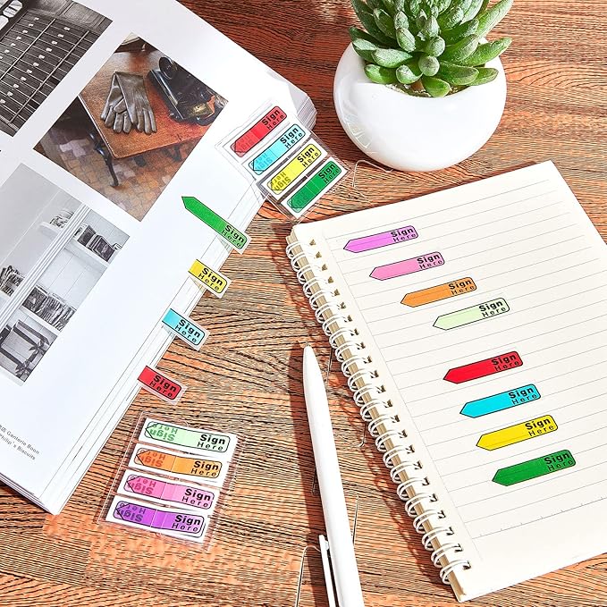 Tatuo 1200 Pcs Sign Here Tabs Colored Flag Stickers 8 Colors with Dispenser Arrow Flag Easy to Post for Notary Books Paper (Sign Here Style)