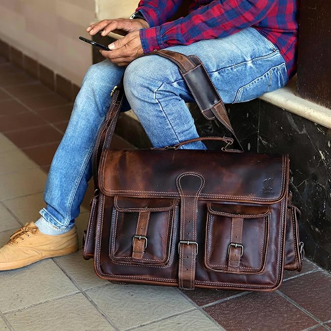 cuero Leather Briefcase Work Bag for Men Women Dark Brown Crossbody Genuine Leather Satchel Office Bag for Men Women 18 Inch Computer Travel Messenger Laptop Shoulder Bag Cureo
