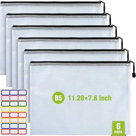 Mesh Zipper Pouch, 6PCS Waterproof Plastic Mesh ZipperBag, B5 Size Tear-Resistant Document Pouch, Extra Large Zip File Bags, for School Office Supplies Home Travel Storage(11.26×7.9 Inch)