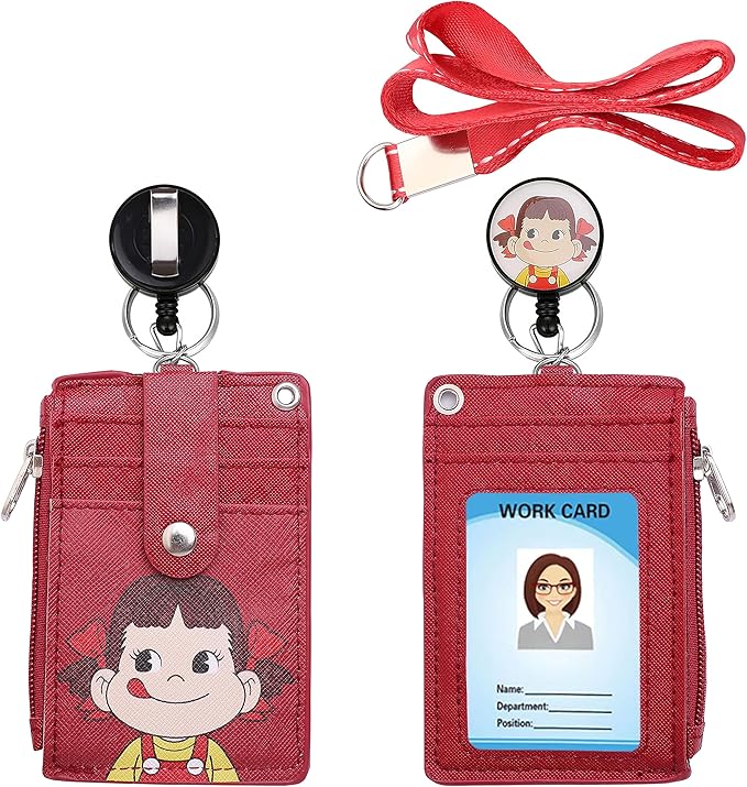 Cute ID Badge Holder Retractable Lanyard Reel Clip with Heavy Duty Carabiner, 5 Card Slots in 2 Sided with Key Ring and Zipper for Women Students Teens Girls Office Staff (Red Girl)