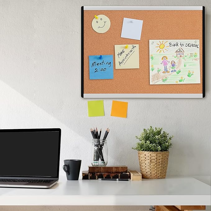Amazon Basics Rectangular Cork Board with Aluminum/Plastic Frame and Mounting Tabs, 23" x 17", Brown
