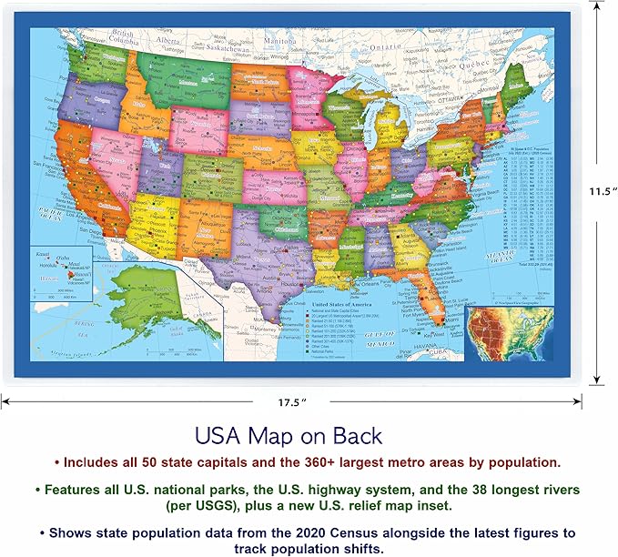 2-Sided Desk Map with Durable Lamination (2 Desk Maps: US Map/US Centered World Map)