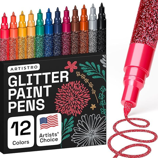 ARTISTRO 12 Glitter Paint Pens Sparkly and Shiny for Rock Painting, Stone, Ceramic, Glass, Wood, Fabric, Scrapbooking, DIY Craft Making, Coloring, Acrylic Glitter Markers Extra-Fine Tip 0.7mm