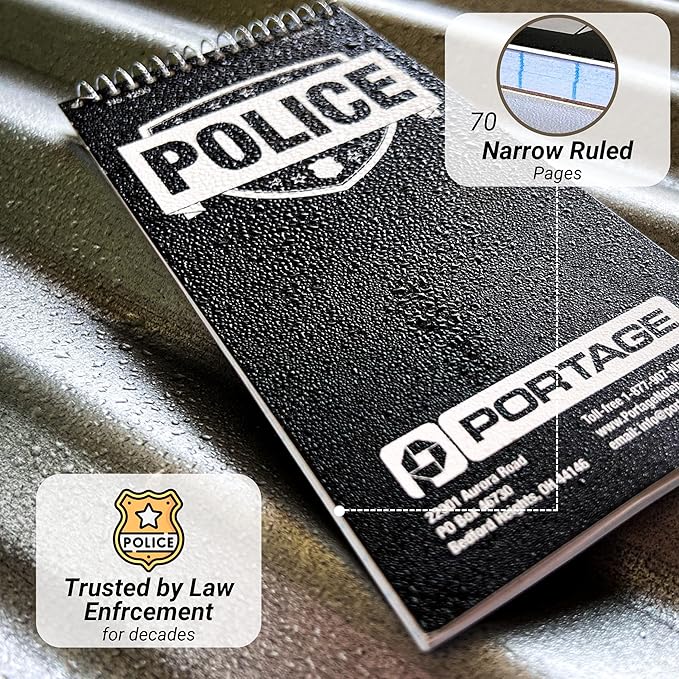 Portage Public Safety Police Notebook – Top Bound Spiral Notebook, Writing Pad for Interviews, Accidents & Incident Reports, Field Notes Book for Police – 4 x 8 Inches, 70 Sheets, 12 Pack