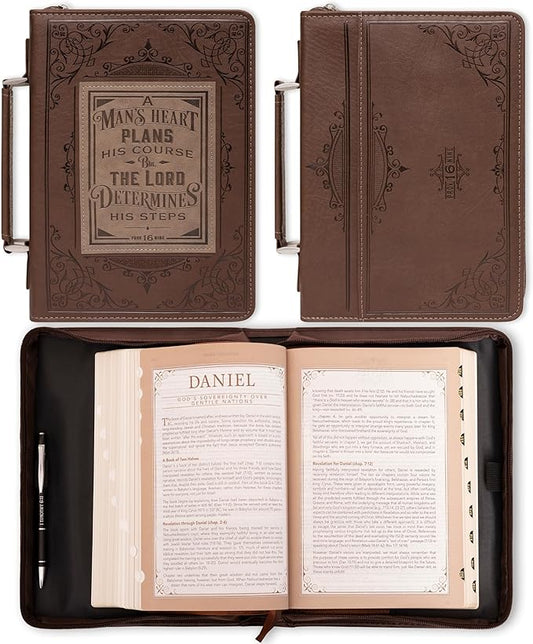 Christian Art Gifts Brown Faux Leather Classic Bible Cover A Man’s Heart - Proverbs 16:9 Bible Case Book Cover for Men or Women XL