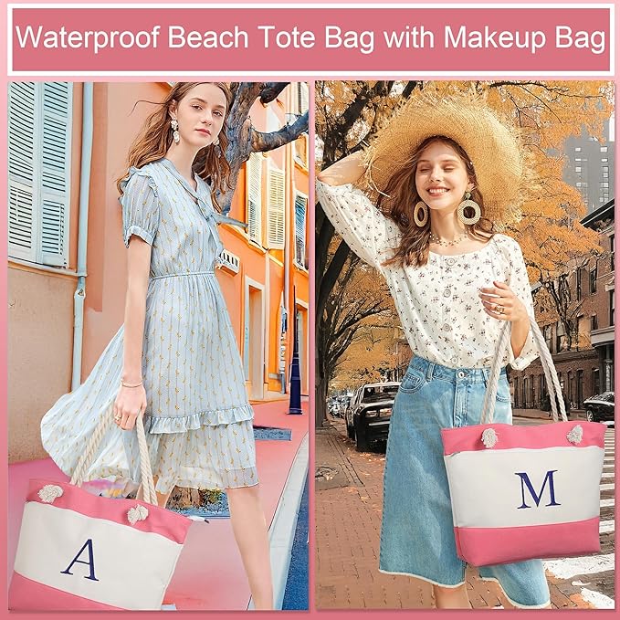 YOOLIFE Christmas Gifts for Women - Initial Canvas Tote Bag & Makeup Bag, Birthday Gifts for Women Mom Teacher Friend Sister
