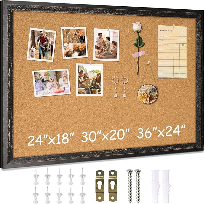 DOLLAR BOSS Cork Board for Office 30 X 20 Inches Cork Boards for Walls Bulletin Board, Decorative Hanging Pin Board Rustic Wooden Frame Vision Board Cork Notice Board for Office Home Decor, Black