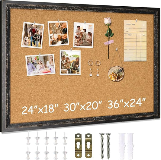 DOLLAR BOSS Cork Board for Office 24 X 18 Inches Cork Boards for Walls Bulletin Board, Decorative Hanging Pin Board Rustic Wooden Frame Vision Board Cork Notice Board for Office Home Decor, Black