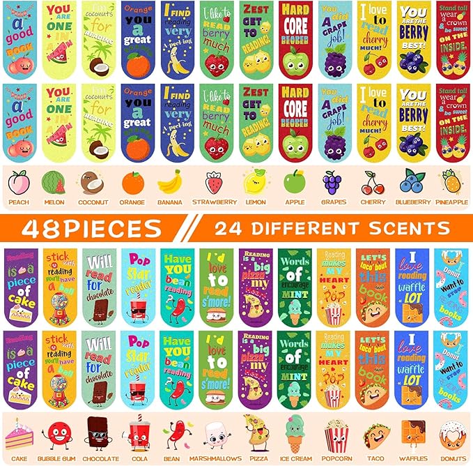 48 Pack Scented Bookmarks Magnetic Scratch and Sniff Bookmarks Fruit Food Bookmarks for Kids Cute Bookmarks with Sayings Christmas Bookmarks for Kids Students Teens Teachers (Mixed Flavor)