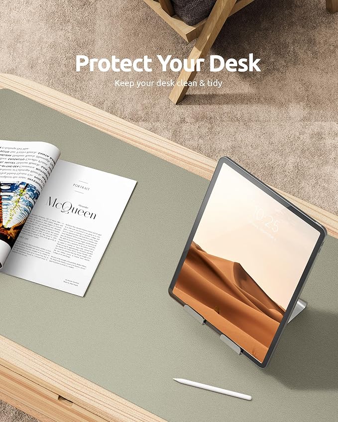 YSAGi Leather Desk Protector, Office Mat, Large Mouse Mat, Non-Slip PU Leather Blotter, Laptop Desk, Waterproof Writing Pad for Office and Home (Sage Green, 23.6" x 13.8")