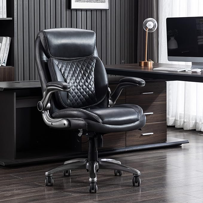 Amazon Basics Ergonomic Desk Office Chair, Flip-up Armrests, Adjustable Height, Grey Leather
