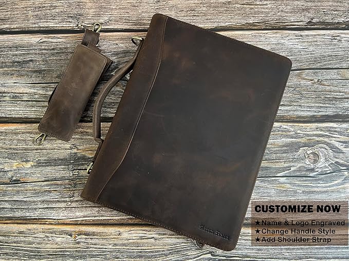 Portfolio Binder 3 Ring, Leather Binder Portfolio Folder for Left-Handed, Zippered Portfolio Padfolio Binder for Women, Leather Portfolio Organizer for Men (Dark Brown, Non-Custom)