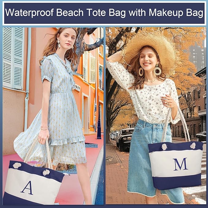 YOOLIFE Christmas Gifts for Women - Initial Canvas Tote Bag & Makeup Bag, Birthday Gifts for Women Mom Teacher Friend Sister