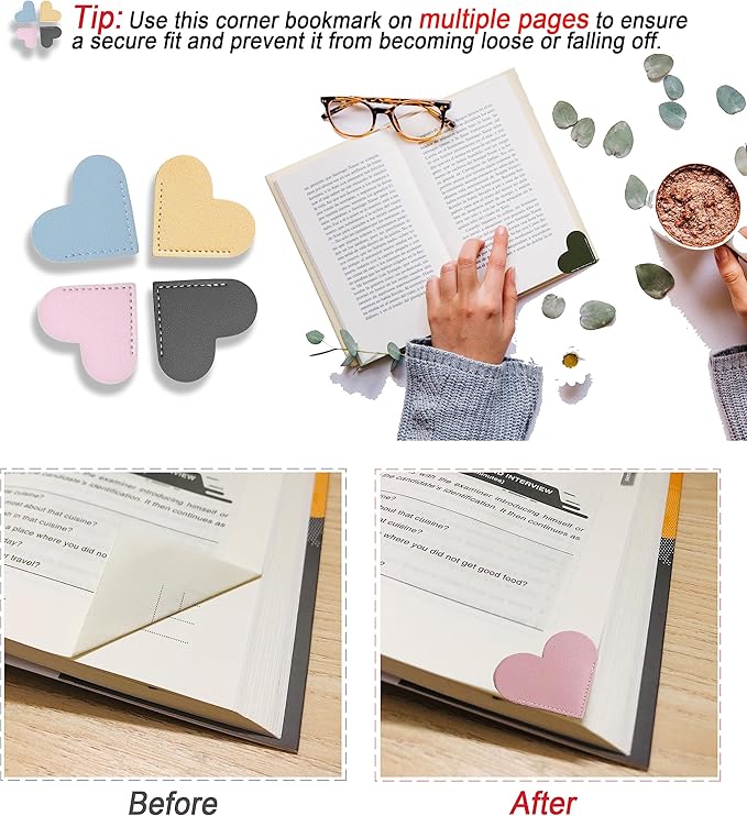 6pcs Leather Bookmarks for Women with Heart Shape, Cute Corner Bookmark, Book Accessories for Reading Lovers, Book Markers for Women, Bookmarks for Book Lovers by HNQCPCVU (Heart)