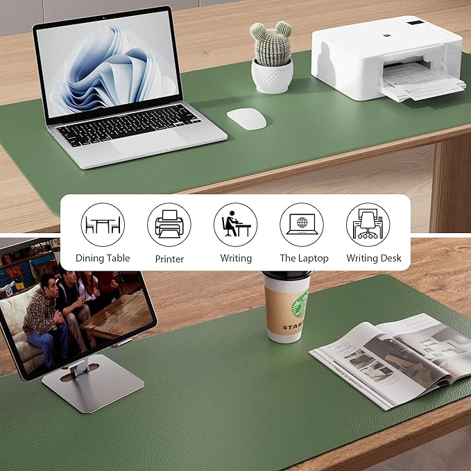 Aothia Leather Desk Pad Protector, Mouse Pad, Office Desk Mat, Non-Slip PU Leather Desk Blotter, Laptop Desk Pad, Waterproof Desk Writing Pad for Office and Home (48"x17", Olive Green)